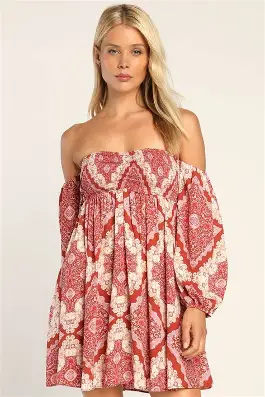 Boho Girl Women's Rose Off-The-Shoulder Neck Casual Mini Dress | Midi Western Dress for Women | Off Neck Shoulder Fit and Flare Mini Length Dress