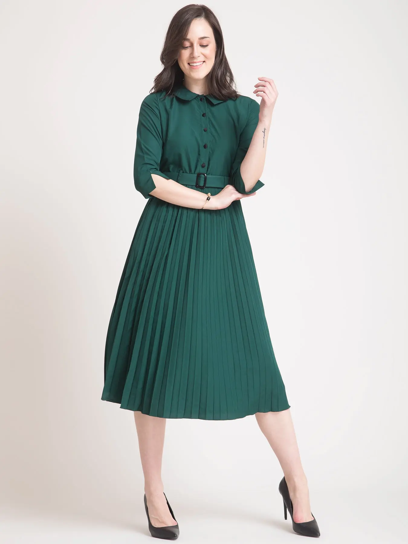FableStreet Houndstooth A-line Dress - Teal
