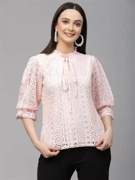 Style Quotient Women Peach Lace Casual Top