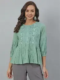 Janasya Women's Cotton Plain A-Line Top with 3/4 Sleeve, Side Slit Perfect for Casual Wear