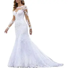 Fanciest Women's Lace Chiffon Beach Wedding Dresses for Bride 2023 with Sleeves Long Bridal Gown