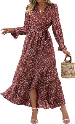 BTFBM Women Long Sleeve V Neck Boho Floral High Waist Flowy Ruffle Maxi Dresses 2024 Spring Summer Dresses with Belt