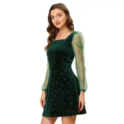 Allegra K Women's Mesh Sheer Puff Long Sleeve Square Neck Glitter Star Mini Velvet Dress