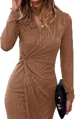 SHIBEVER Women's Long Sleeve Dress: Midi Casual V Neck Dresses Twist Waist Ribbed Knit Bodycon Slit Cocktail Party Dress