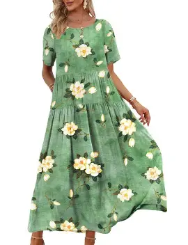 YESNO Women Casual Loose Long Maxi Bohemian Floral Dress Layered Lightweight Summer Beach Short Sleeve Swing Dress/Pockets EJF