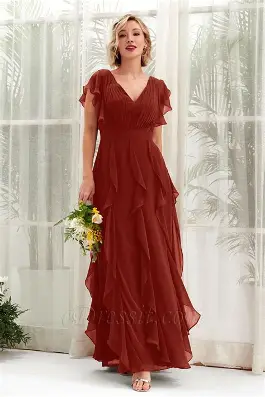 HEFANATI Women's V Neck A-Line Chiffon Bridesmaid Dresses for Wedding Ruffles Formal Evening Gown
