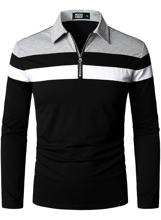 HOOD CREW Men’s Long Sleeve Polo Shirt Casual Slim Fit Shirts Contrast Color Patchwork T Shirts Cotton Tops
