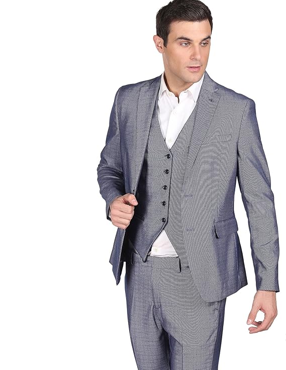 Arrow Polyester Men Blue Reversible Waistcoat Single Breasted Formal Suit Business Pants Set