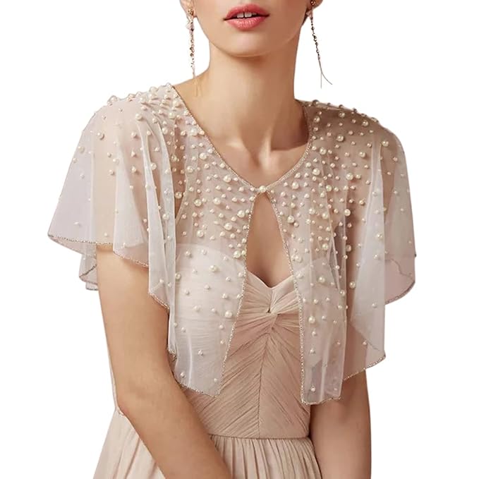 Mopmap Pearls Wedding Capes Shawl Wrap Shrug Bridal Evening Dress Jackets Flapper Bolero Cover Up for Party Formal