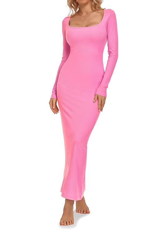 Relety Women's Bodycon Maxi Dresses Ribbed Long Sleeve Lounge Long Dress Square Neck Formal Casual Dresses for Women