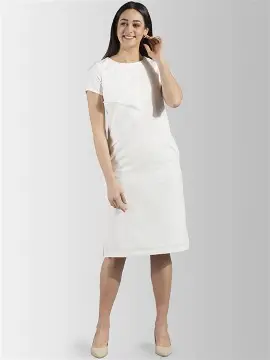 FableStreet Women's Polyester Square Neck Shift Midi Dress - Off White