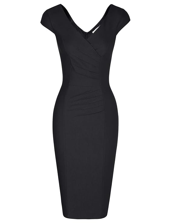 MUXXN Women's 1950's Vintage V Neck Ruched Sheath Formal Pencil Dress