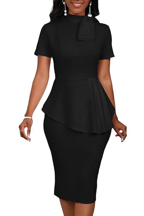 Women's Fashion Peplum Bodycon Short Sleeve Work Dresses Bow Club Ruffle Pencil Formal Cocktail Dress