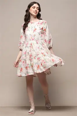 BIBA Women White Cotton A-Line Dress