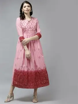 YUFTA Women Pink Embroidery Cotton Pleated Dress