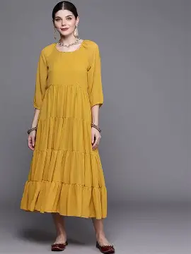 BIBA Women Mustard Cotton Tiered Dress