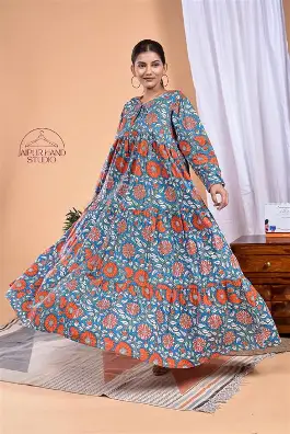 Eayaa Fashion Cotton Kota Long Dress for Women | Ikat Print | A-Line Style | Button-Up Collared Dress with Pockets | Adjustable Tie Waist | Quarter Sleeves | Casual & Stylish Midi One-Piece