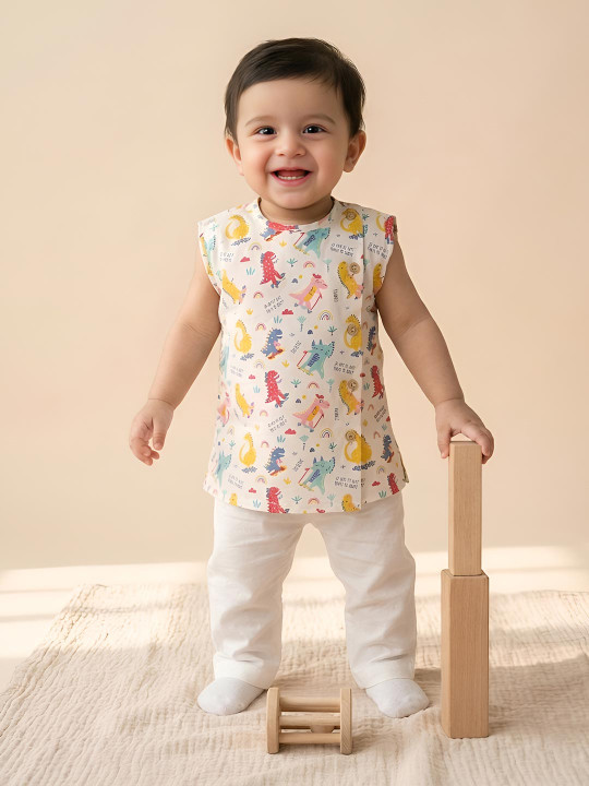 POLKA TOTS Baby Jhabla & Pant Set | 100% Cotton | Sleeveless Printed Top + Soft Bottom | Unisex Outfit for New Born, & Toddlers