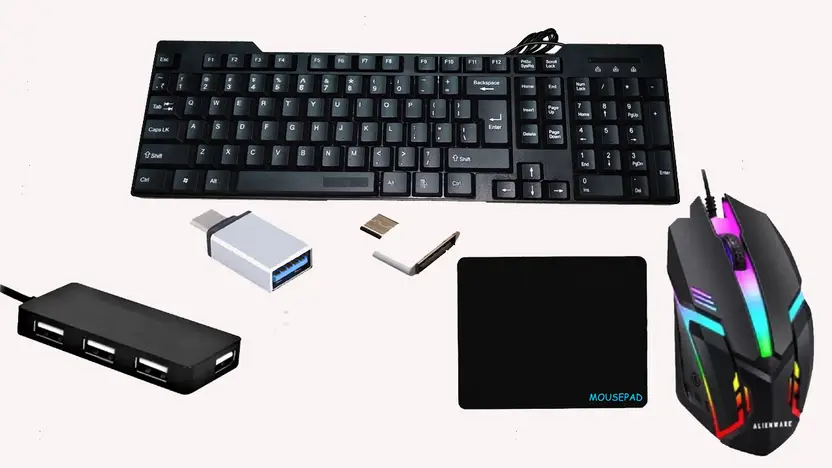 RSG 7 IN 1 COMBO- KEYBOARD ,MOUSE,MOUSEPAD,USB HUB , HDMI CABLE & TYPE C ,V8 OTG Combo Set??(Black, Multicolor)