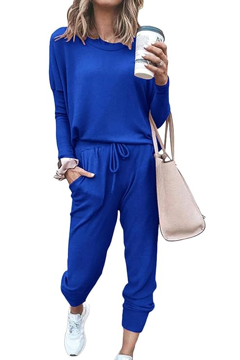 PRETTYGARDEN Women’s Solid Two Piece Outfit Long Sleeve Crewneck Pullover Tops And Long Pants Sweatsuits Tracksuits (Purple, Medium)