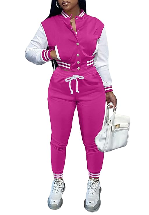 Fooullaide Women’s Varsity Jacket Sweatsuit 2 Piece Tracksuit Crop Top Button Down Letterman Jackets Pants Sets