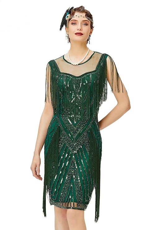 BABEYOND 1920s Flapper Dress Long Fringe Gatsby Dress Roaring 20s Sequin Beaded Dress Vintage Art Deco Dress