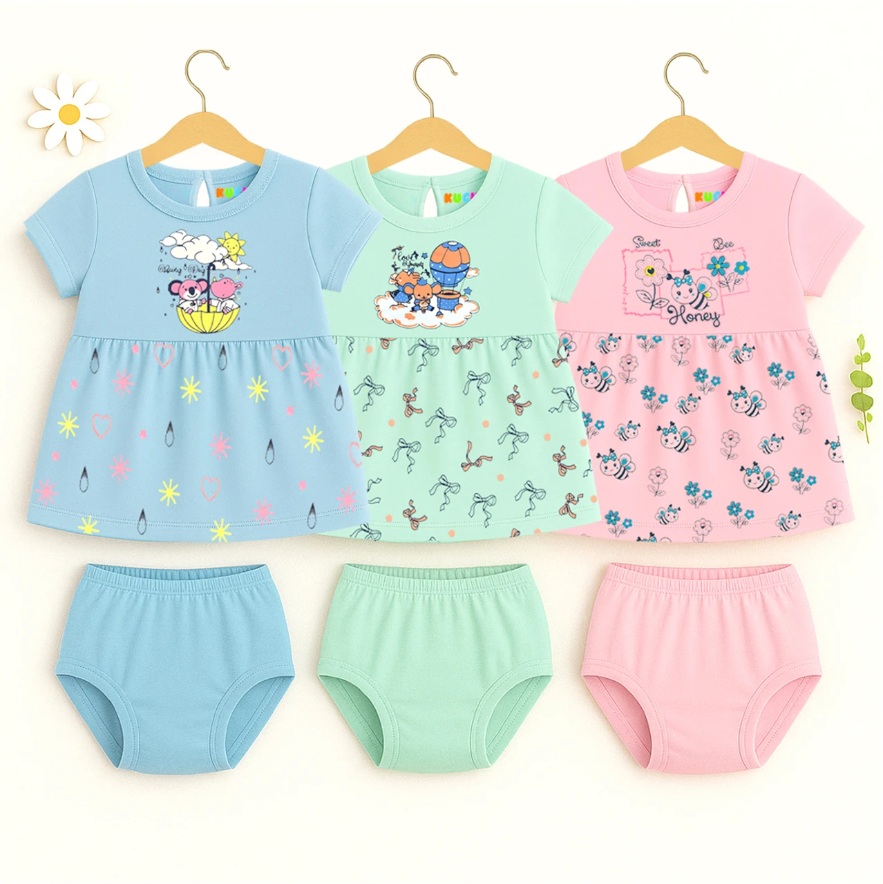Kuchipoo Baby Girls 100% Cotton Frock and Panty Set - Pack of 3