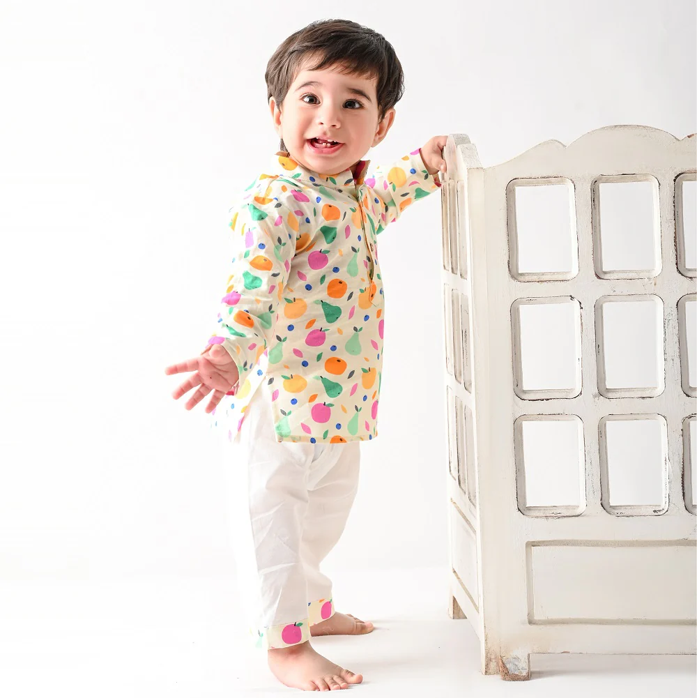 Mama & Peaches Tropical Fruits Kurta Set for Kids | Premium Cotton Fabric | Stylish Printed Design | Button Fly Closure | Mandarin Neckline | Perfect for Festivals and Everyday Wear