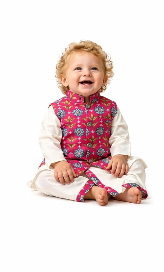 A.T.U.N. (ALL THINGS UBER NICE) Baby Boys Ethnic Kurta Dhoti Set with Printed Nehru Jacket | Traditional Indian Festive Clothing Set| Elegant Wedding Celebration Outfits | Premium 3 Piece Kurta Set