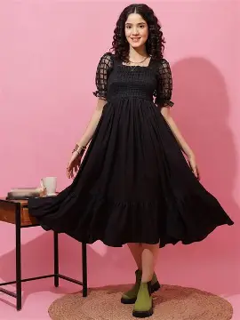 Sheetal Associates Women's Casual 3/4 Sleeve Crepe Fit & Flare Dress | Comfortable Relaxed Fit Summer Party Dress