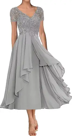Tea Length Mother of The Bride Dresses Lace Evening Formal Dress Short Sleeve Wedding Guest Groom Dress Applique Women's, Steel Grey, 24 Plus