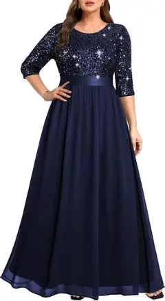 Women's Plus Size Lace Chffon Long Maxi 3/4 Sleeve V-Back Formal Dress