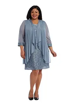 R&M Richards Women's Two Piece Fly Away Jacket Over Beaded Neck Laced Dress