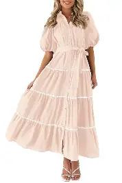 PRETTYGARDEN Women's Summer Button Down Shirt Dress Short Puffy Sleeve Tiered Ruffle Flowy Long Maxi Dresses