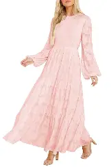 MITILLY Women's Elegant Floral Long Sleeve Round Neck Smocked A-Line Flowy Tiered Maxi Dress with Pockets