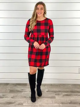 PALINDA Women's Long Sleeve Red Buffalo Plaid Dress Loose Keen Length Christmas Tunic Dress