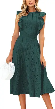 ECOWISH Womens Dresses Elegant Wedding Cocktail Ruffle Cap Sleeves Summer A-Line Midi Dress, Blackish Green, Medium