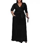 Nmoder Plus Size Maxi Dress - 3/4 Sleeve Long Dresses for Women V-Neck with Pockets (XL-5XL)