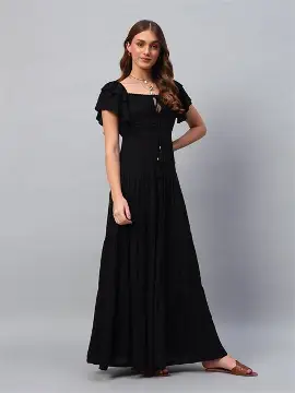 NAAVA Onyx Black Statement Dress I Long Dress for Women I Cotton Maxi Dress I Ankle Length Maxi Dress I Women One Piece Long I Sleeveless Dress I A-Line Dress I Western Black Dress