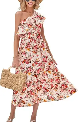 BTFBM Women's One Shoulder Maxi Dress Sleeveless Casual Summer Layered Ruffle Boho Floral Print Party Beach A-line Dresses