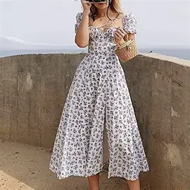 Puff Sleeve High Waist Bodycon Maxi Dress Floral Print Women Long Dress Zipper Splayed Neck Holiday Elegant A Line S