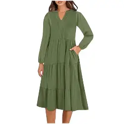 pekdi Women Long Sleeve Dress V Neck A-Line Holiday Dress