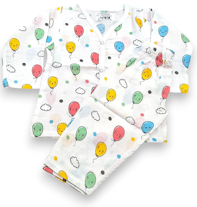 HuggleBug 100% Cotton Muslin Night Suit for Baby Boys & Girls (6-9 Months) | Soft Full Sleeve Shirt & Pajama Set