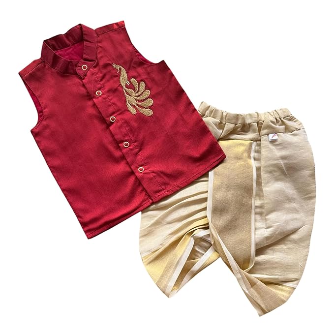 Picksparrow Baby Boy Cotton Silk-Tissue Kasavu Cotton Shirt with Dhoti pant (Peacock-Sleeveless)
