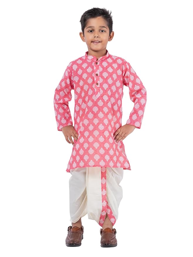 Kurta Dhoti for Kids Boy, Animal Printed Pure Cotton Kurta with Elastic Waist Dhoti Set - Traditional Dress for Baby Boy