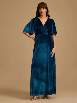 Kazo Solid Velvet V Neck Women's Maxi Dress