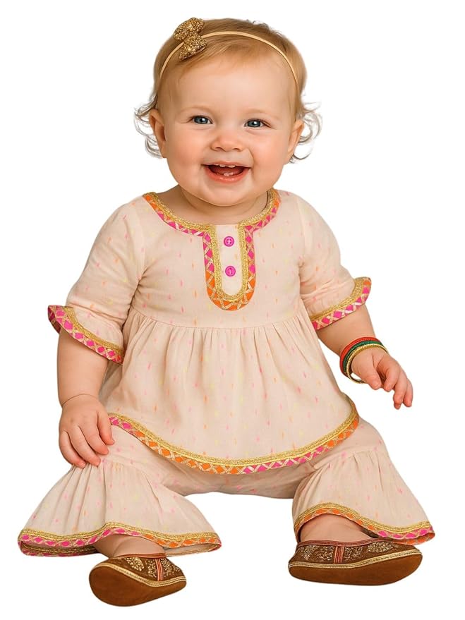 A.T.U.N. (ALL THINGS UBER NICE) Baby Girls 100% Cotton Embroidered Mirror Work Ethnic Co-ord Set | Pom Pom Lace Kurti and Dhoti Pants | 2-Piece Traditional Festive Outfit