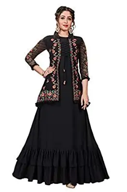 Miss Ethnik Women's Faux Georgette Semi Stitched Top With Faux Georgette Jacket Solid Flared Top Dress Material