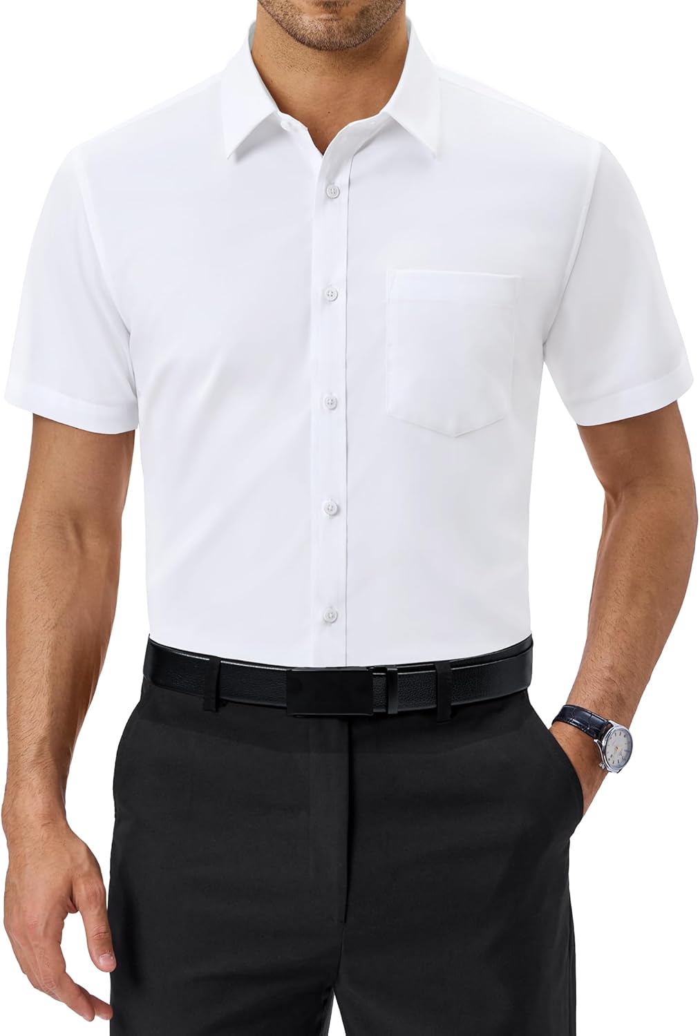 i-shirt, Completely Non-Iron, Stretch, Ultra Quick Drying, Slim Fit, Short Sleeve, Dress Shirt, Men's, White Dobby Check Button Down Slim Fit Short Sleeve M1622000504, 首回り43cm