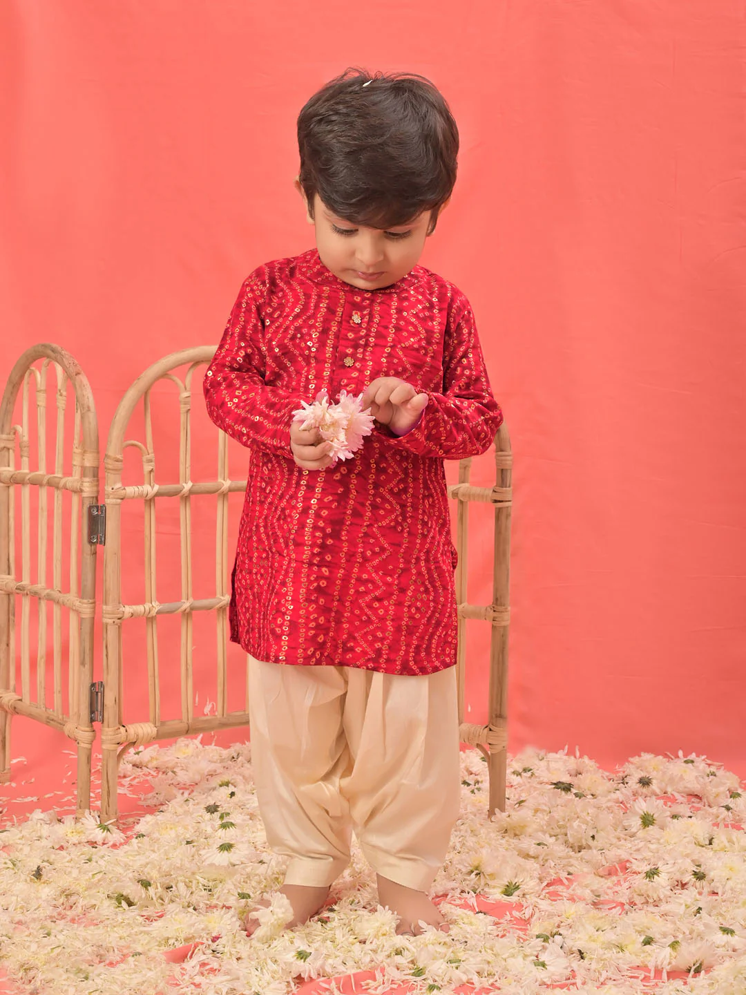 Vastramay Boys' Bandhani Kurta and Patiala Set – Traditional Cotton Ethnic Wear for Infants, Perfect for Weddings and Festive Occasions